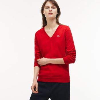 Lacoste V-neck Jersey Sweater - Svetr Dámské Červené | CZ-TQDjBt